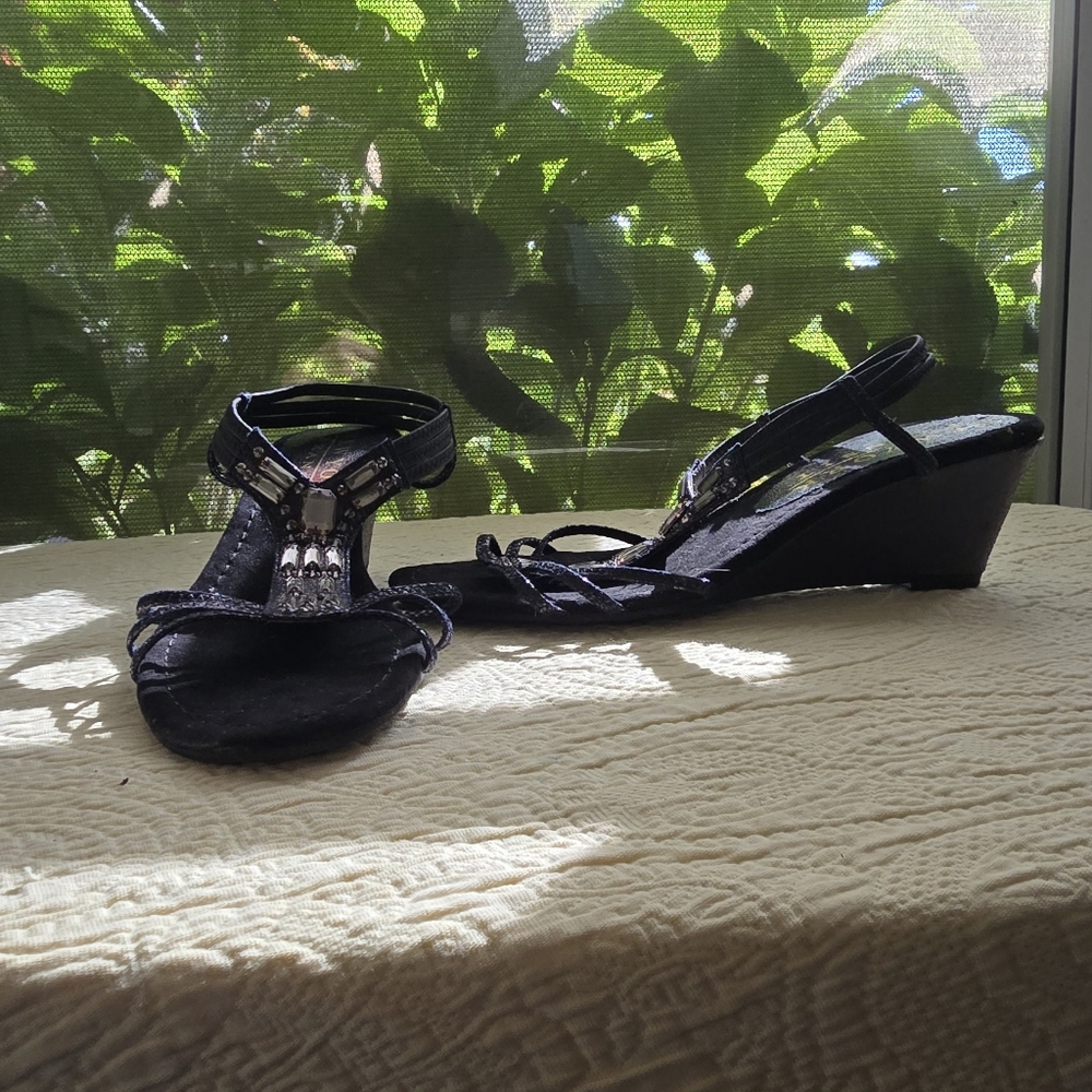 New York Transit Black Strappy Wedges